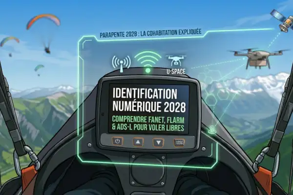 Identification électronique en 2028 : La fin du vol libre (ou pas) ? Instrument de vol libre affichant l'identification numérique ADS-L et FLARM pour 2028, connecté au réseau U-Space avec un drone en arrière-plan.